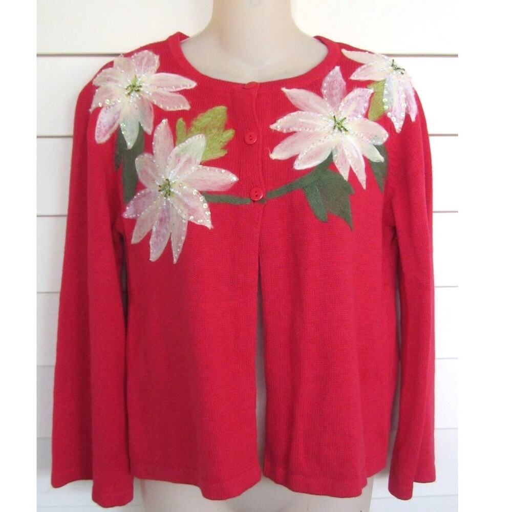 Tiara International Christmas Collection 1950s Style Poinsettia Cardigan